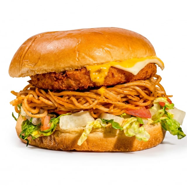 Tawa Noodles Burger with Fries.