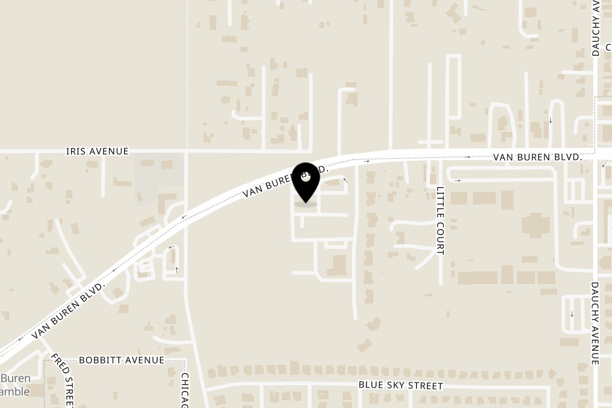 Map showing the location of Naan Twist Riverside on 18181 Van Buren Boulevard in Riverside